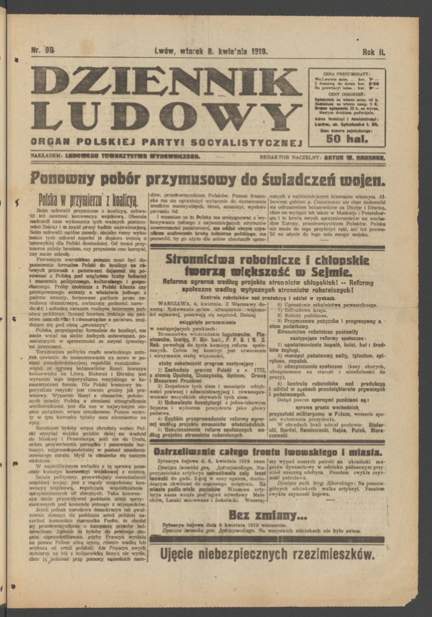 Dziennik Ludowy : organ Polskiej Partyi Socyalistycznej. Rok 2, 1919, numer 98