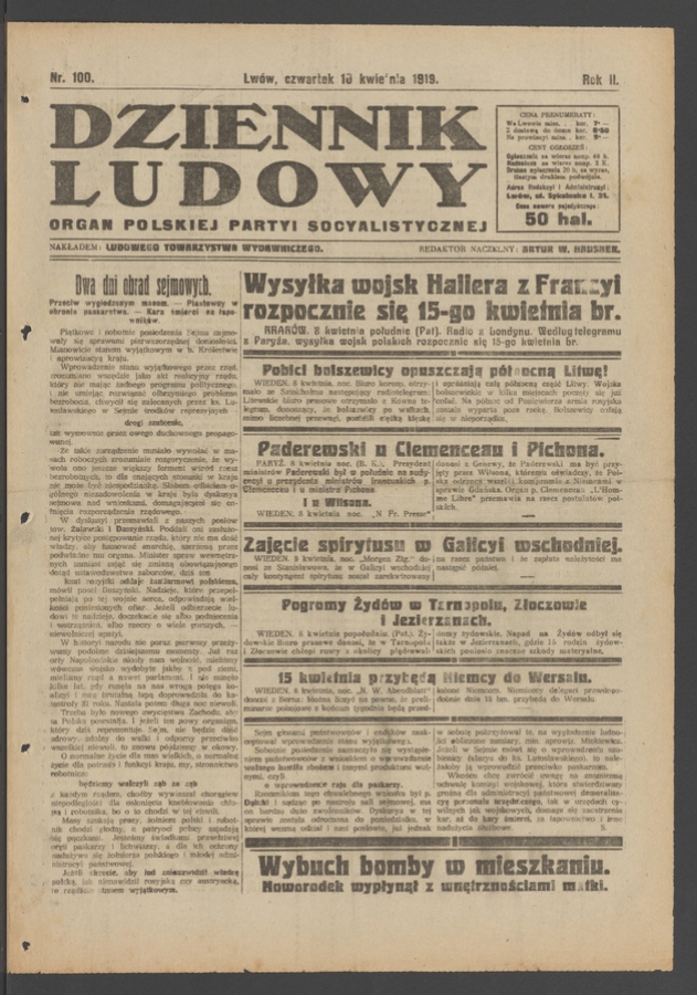 Dziennik Ludowy : organ Polskiej Partyi Socyalistycznej. Rok 2, 1919, numer 100
