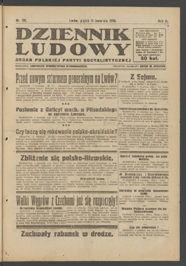Dziennik Ludowy : organ Polskiej Partyi Socyalistycznej. Rok 2, 1919, numer 101