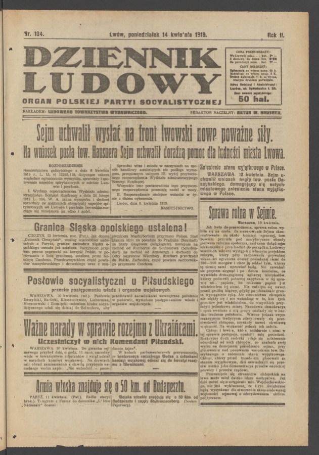 Dziennik Ludowy : organ Polskiej Partyi Socyalistycznej. Rok 2, 1919, numer 104