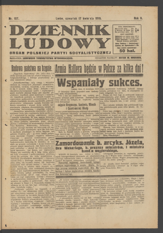 Dziennik Ludowy : organ Polskiej Partyi Socyalistycznej. Rok 2, 1919, numer 107