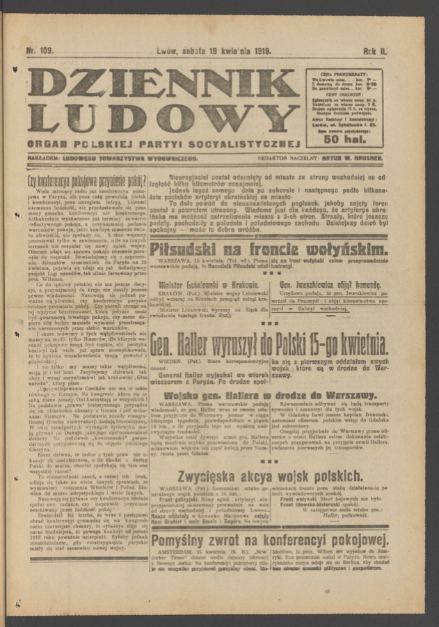 Dziennik Ludowy : organ Polskiej Partyi Socyalistycznej. Rok 2, 1919, numer 109