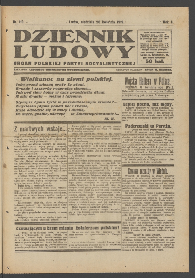 Dziennik Ludowy : organ Polskiej Partyi Socyalistycznej. Rok 2, 1919, numer 110