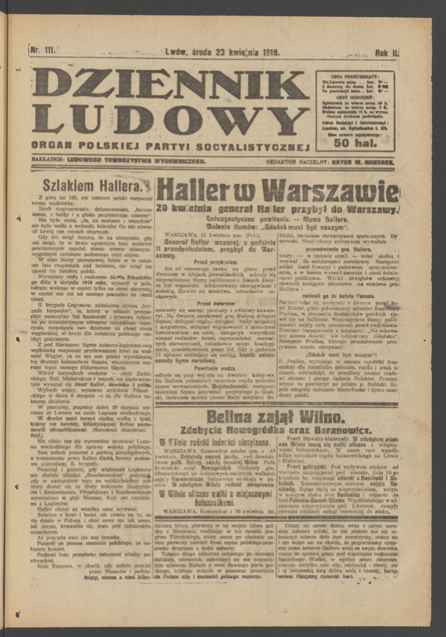 Dziennik Ludowy : organ Polskiej Partyi Socyalistycznej. Rok 2, 1919, numer 111