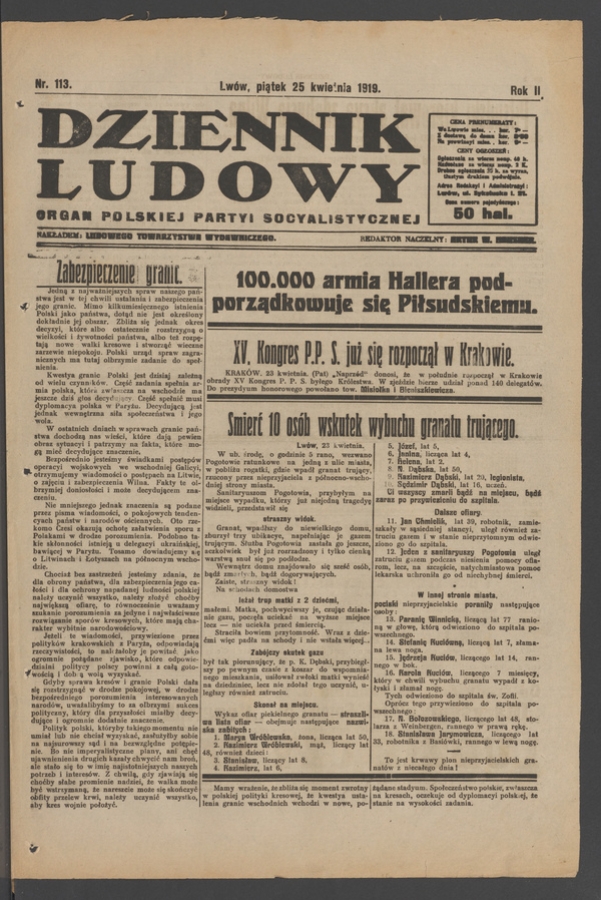Dziennik Ludowy : organ Polskiej Partyi Socyalistycznej. Rok 2, 1919, numer 113