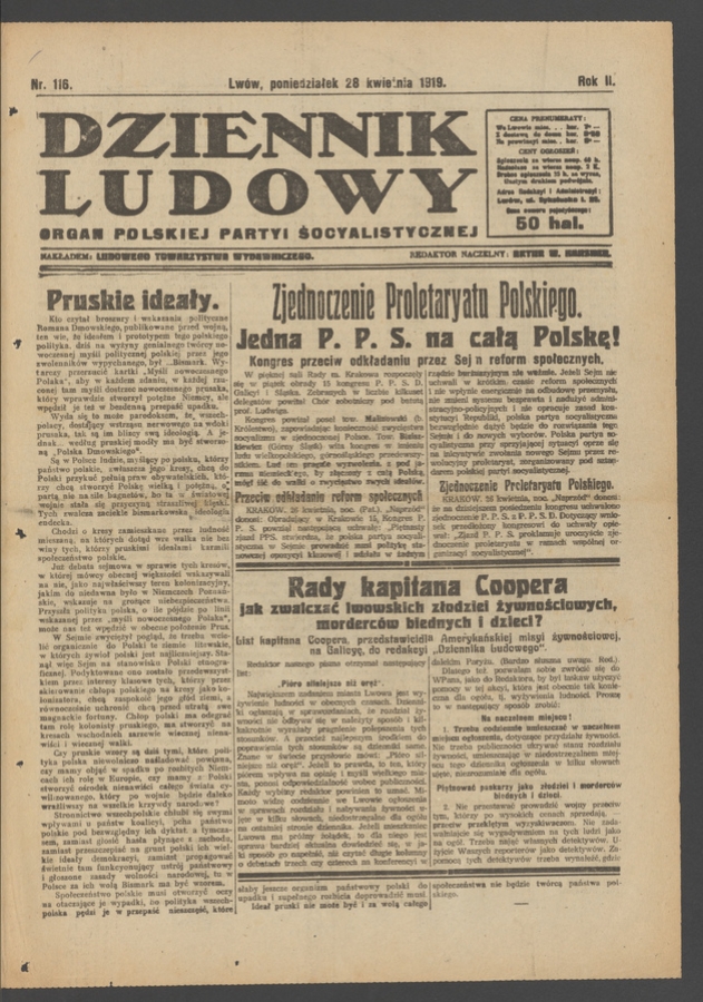 Dziennik Ludowy : organ Polskiej Partyi Socyalistycznej. Rok 2, 1919, numer 116