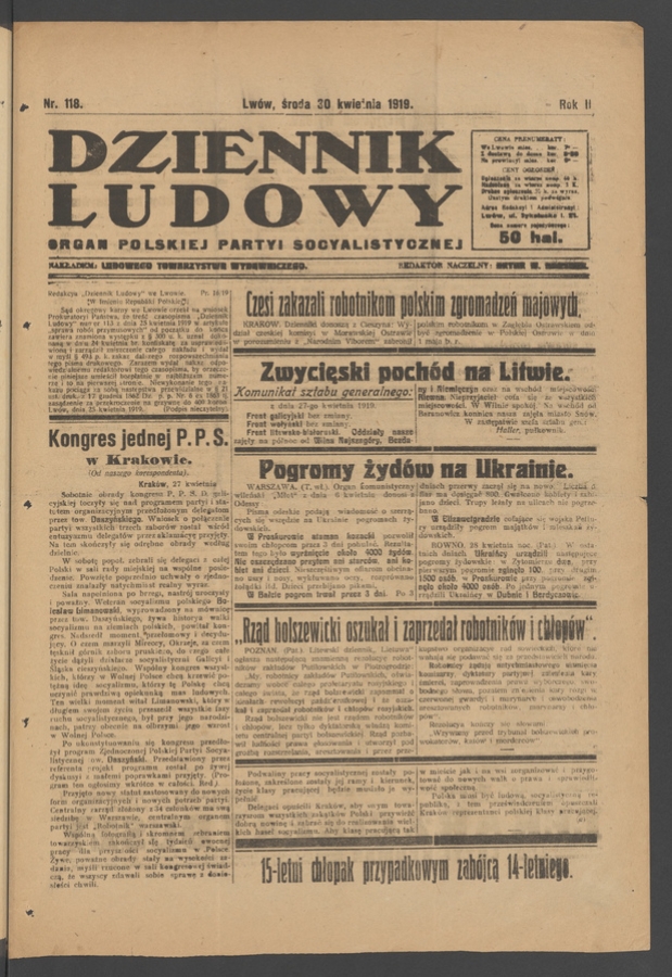 Dziennik Ludowy : organ Polskiej Partyi Socyalistycznej. Rok 2, 1919, numer 118