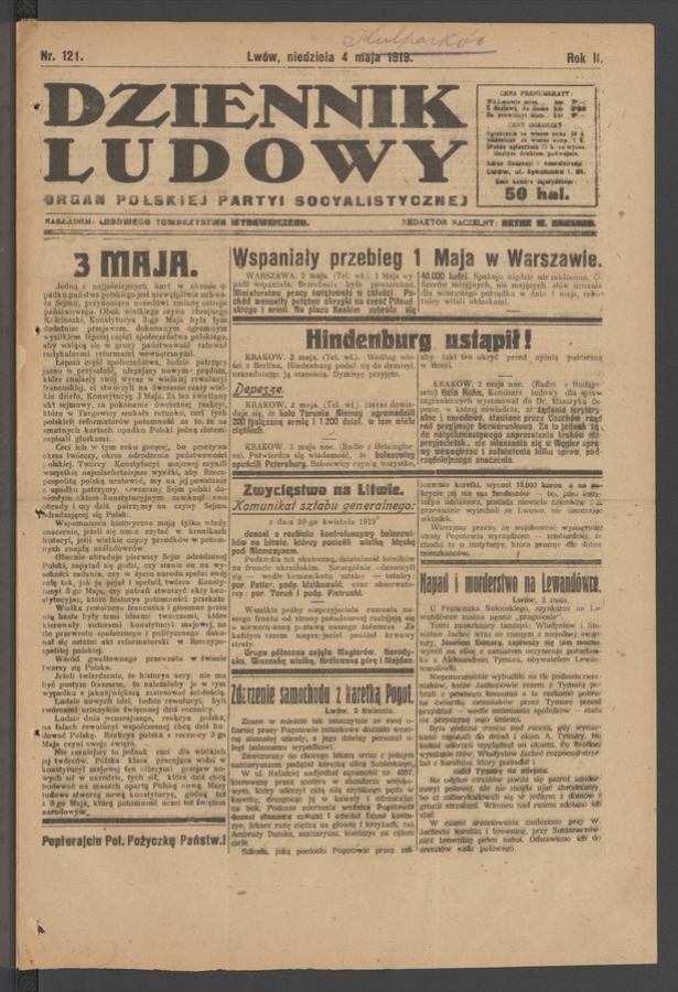 Dziennik Ludowy : organ Polskiej Partyi Socyalistycznej. Rok 2, 1919, numer 121