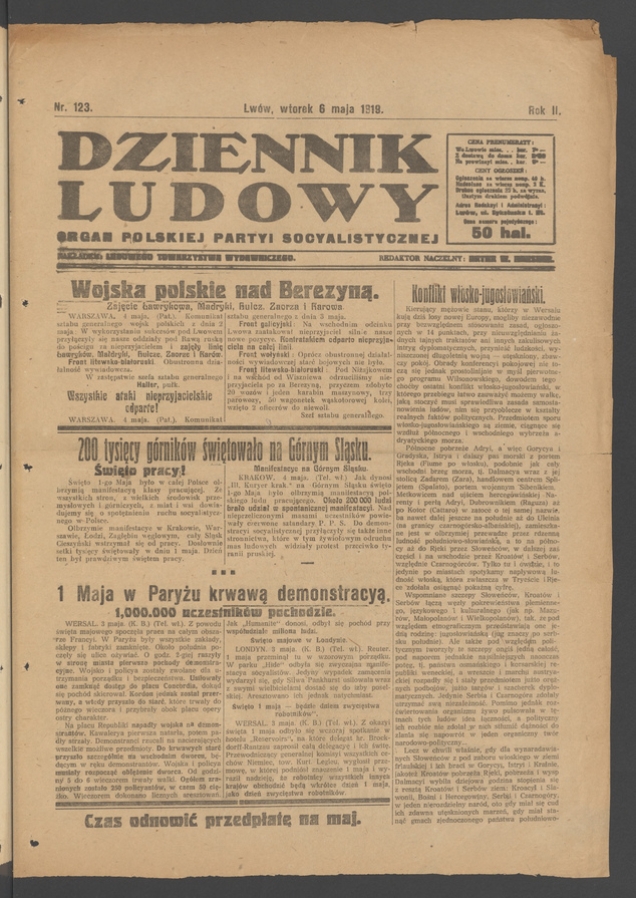 Dziennik Ludowy : organ Polskiej Partyi Socyalistycznej. Rok 2, 1919, numer 123