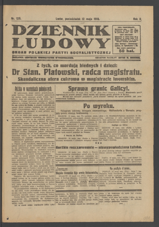 Dziennik Ludowy : organ Polskiej Partyi Socyalistycznej. Rok 2, 1919, numer 129