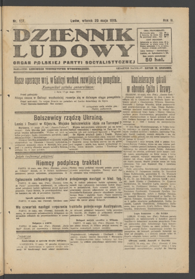 Dziennik Ludowy : organ Polskiej Partyi Socyalistycznej. Rok 2, 1919, numer 137