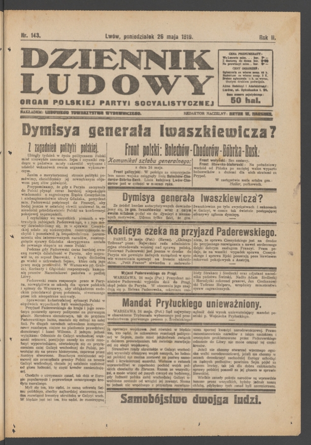 Dziennik Ludowy : organ Polskiej Partyi Socyalistycznej. Rok 2, 1919, numer 143