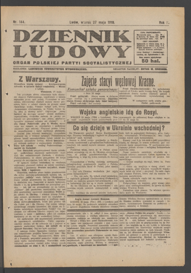Dziennik Ludowy : organ Polskiej Partyi Socyalistycznej. Rok 2, 1919, numer 144