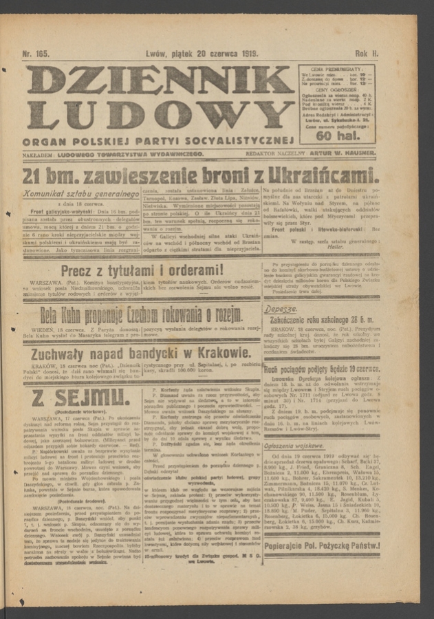 Dziennik Ludowy : organ Polskiej Partyi Socyalistycznej. Rok 2, 1919, numer 165
