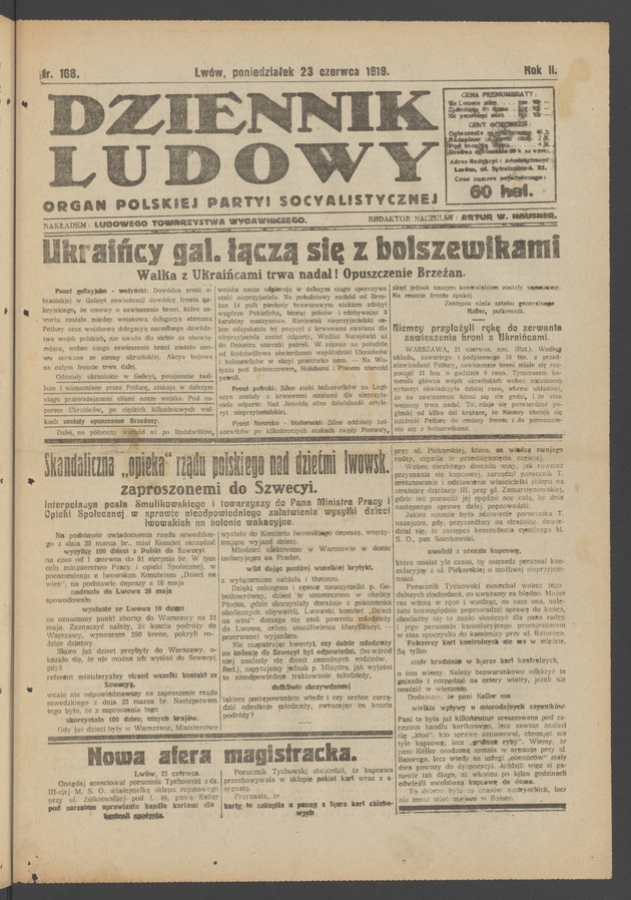 Dziennik Ludowy : organ Polskiej Partyi Socyalistycznej. Rok 2, 1919, numer 168