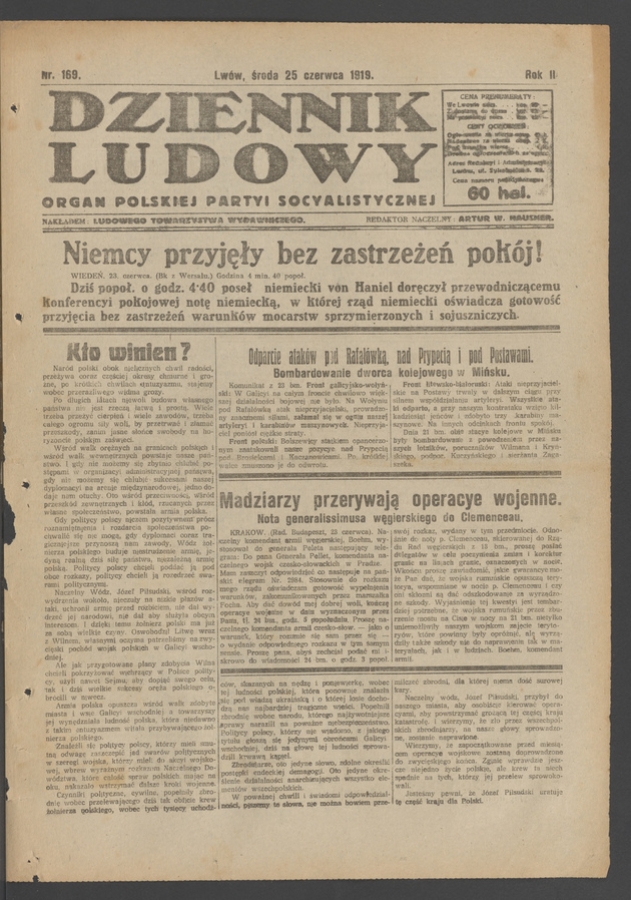 Dziennik Ludowy : organ Polskiej Partyi Socyalistycznej. Rok 2, 1919, numer 169