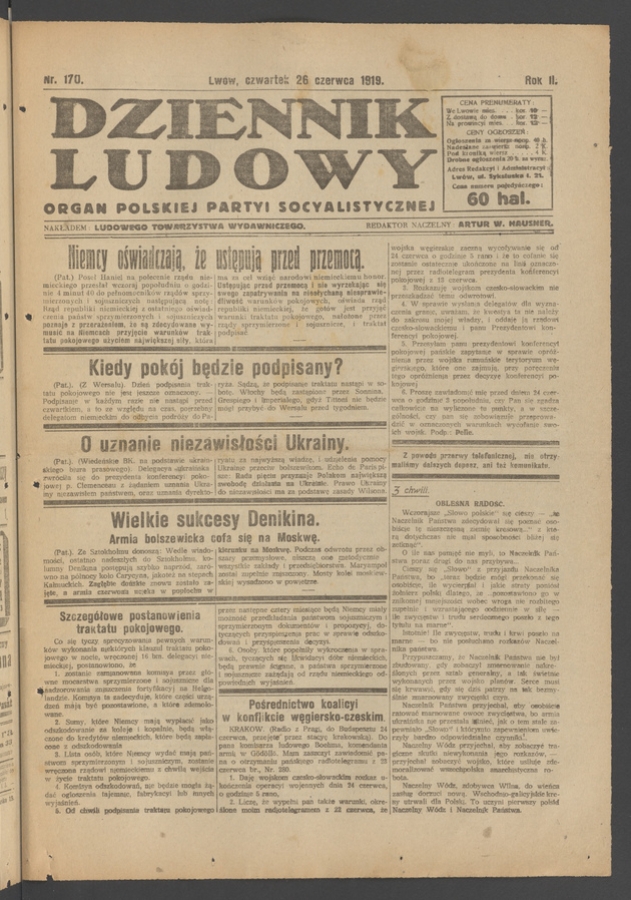 Dziennik Ludowy : organ Polskiej Partyi Socyalistycznej. Rok 2, 1919, numer 170