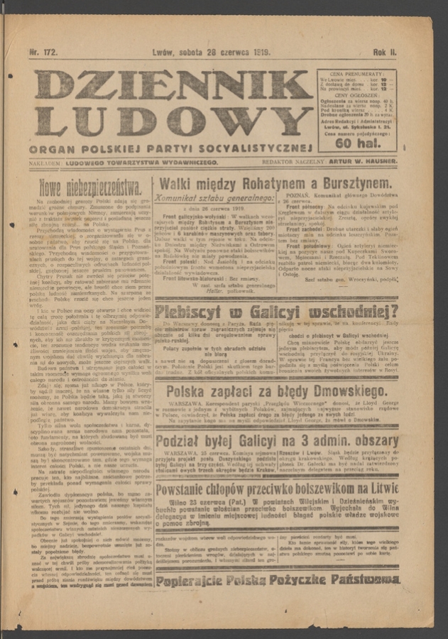 Dziennik Ludowy : organ Polskiej Partyi Socyalistycznej. Rok 2, 1919, numer 172