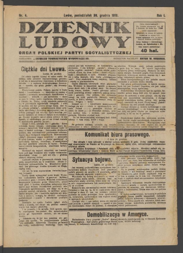 Dziennik Ludowy : organ Polskiej Partyi Socyalistycznej. Rok 1, 1918, numer 4