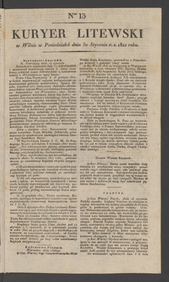 Kuryer Litewski. 1822, numer 13
