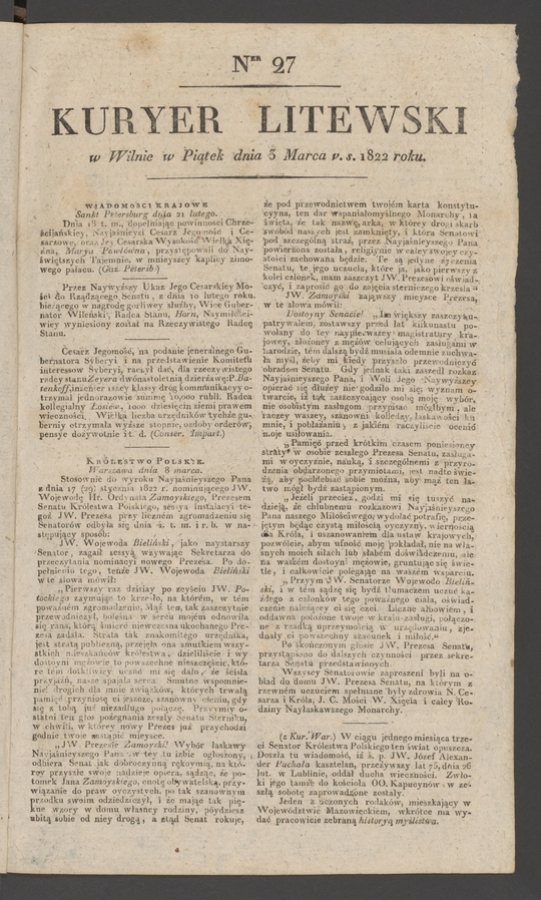 Kuryer Litewski. 1822, numer 27