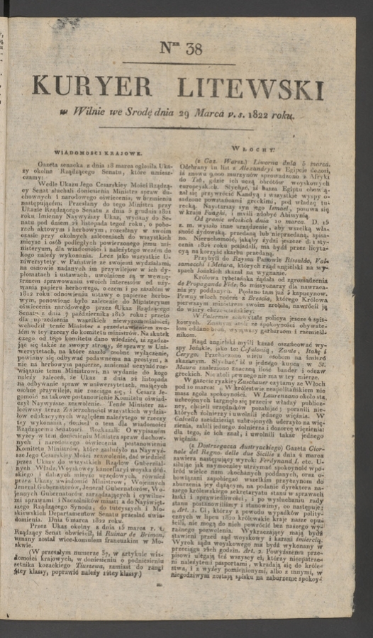 Kuryer Litewski. 1822, numer 38