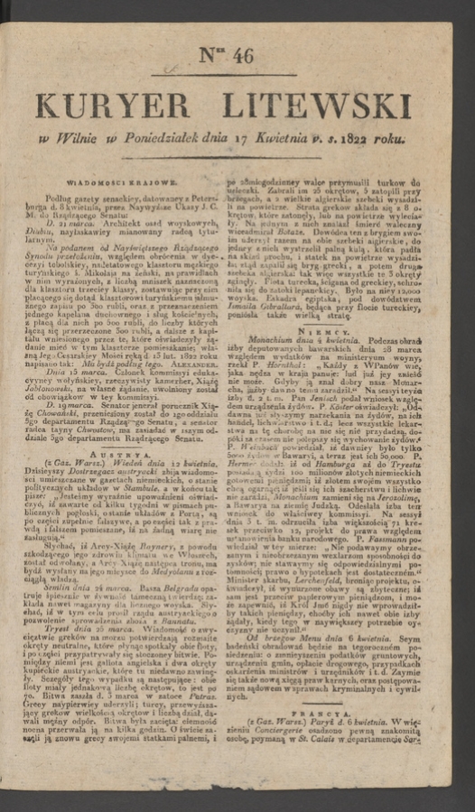 Kuryer Litewski. 1822, numer 46