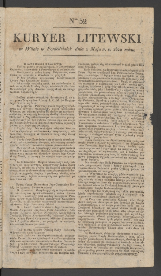 Kuryer Litewski. 1822, numer 52