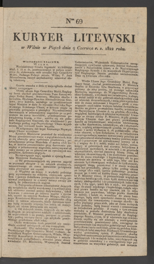 Kuryer Litewski. 1822, numer 69