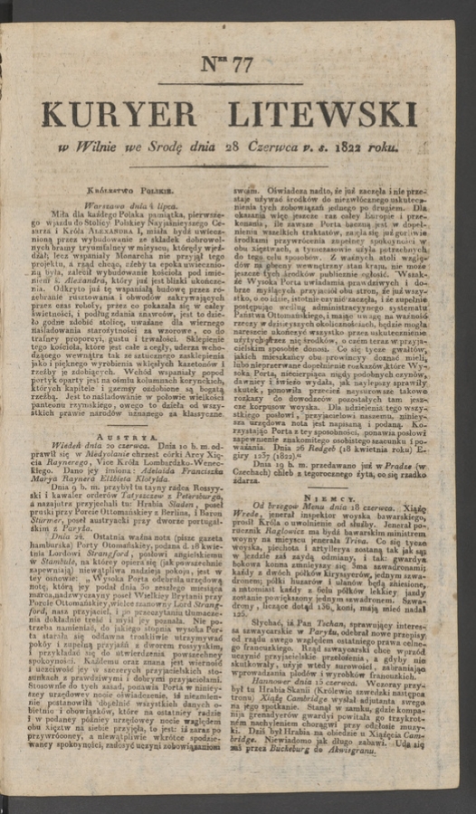 Kuryer Litewski. 1822, numer 77