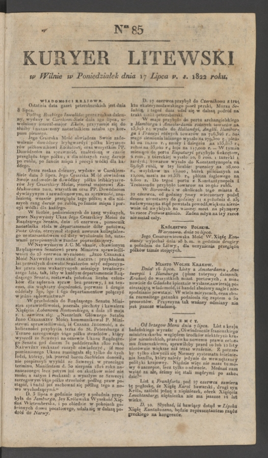 Kuryer Litewski. 1822, numer 85