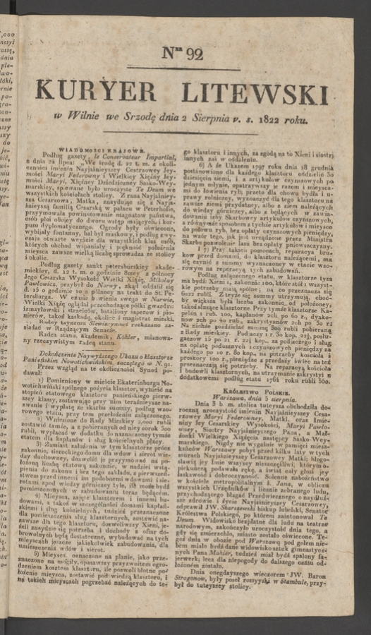 Kuryer Litewski. 1822, numer 92