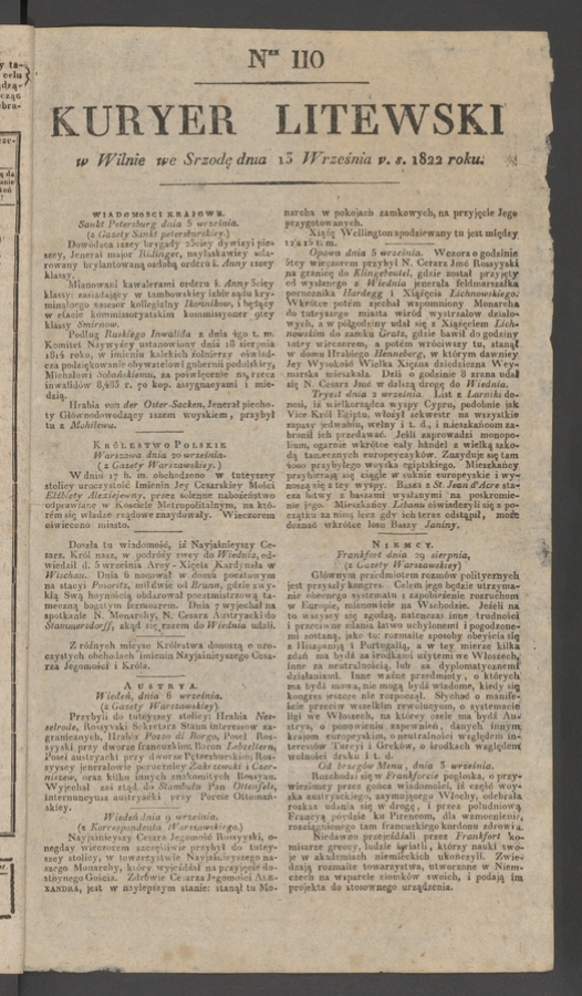 Kuryer Litewski. 1822, numer&nbsp;110