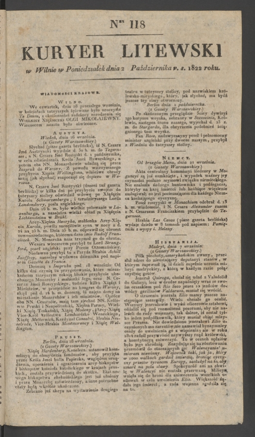 Kuryer Litewski. 1822, numer 118