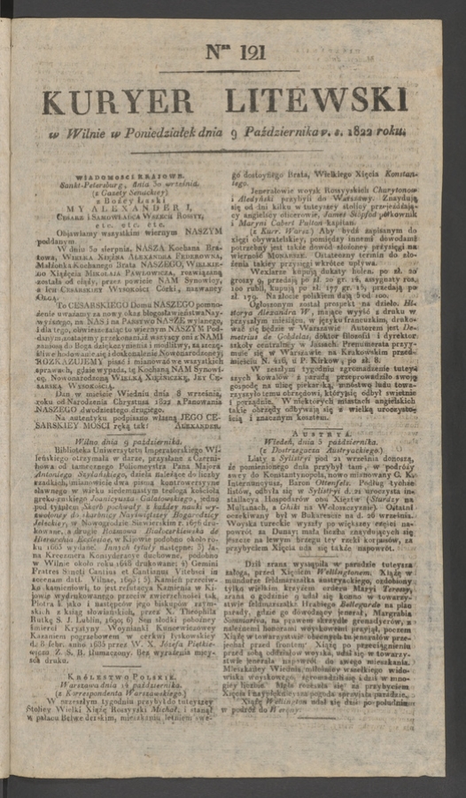 Kuryer Litewski. 1822, numer 121