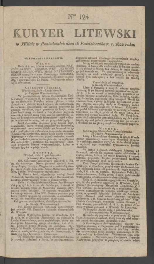 Kuryer Litewski. 1822, numer 124