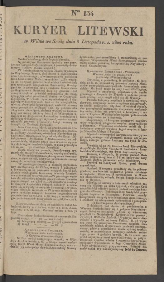 Kuryer Litewski. 1822, numer 134