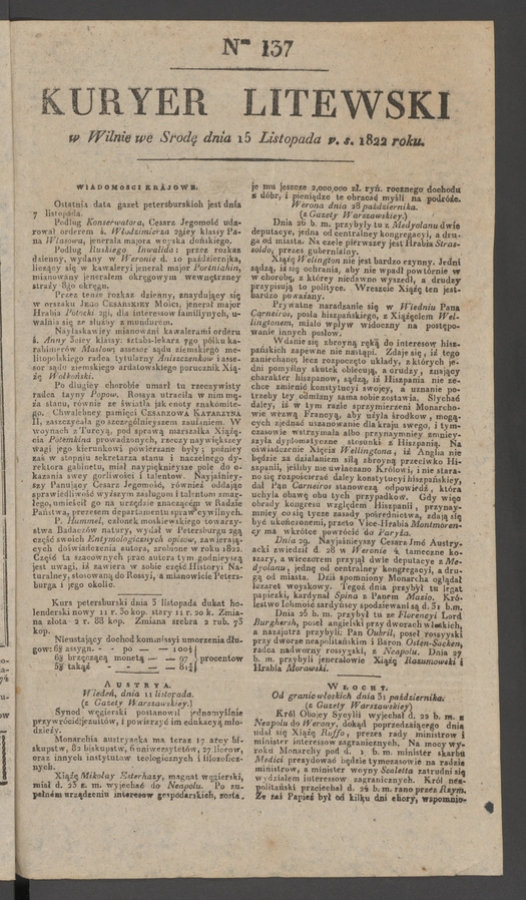 Kuryer Litewski. 1822, numer 137