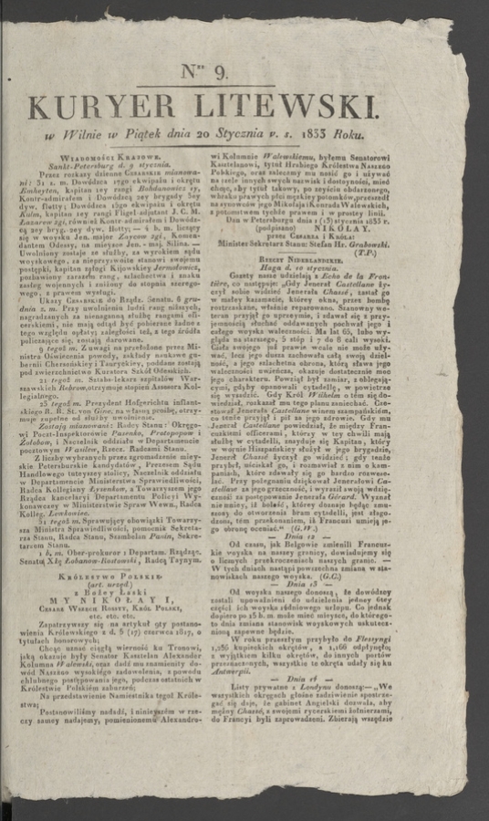 Kuryer Litewski. 1833, numer 9