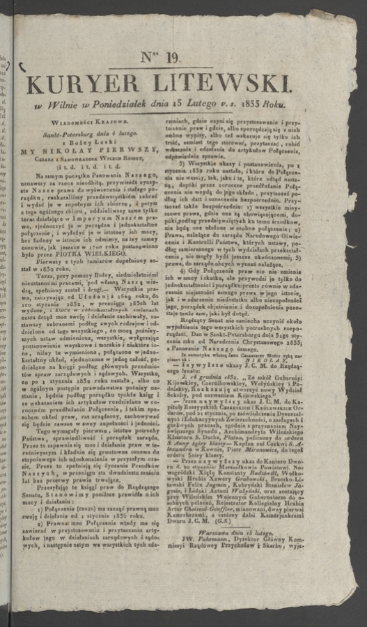 Kuryer Litewski. 1833, numer 19