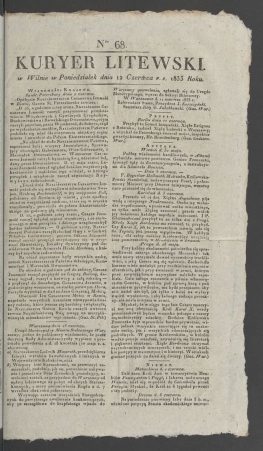 Kuryer Litewski. 1833, numer 68