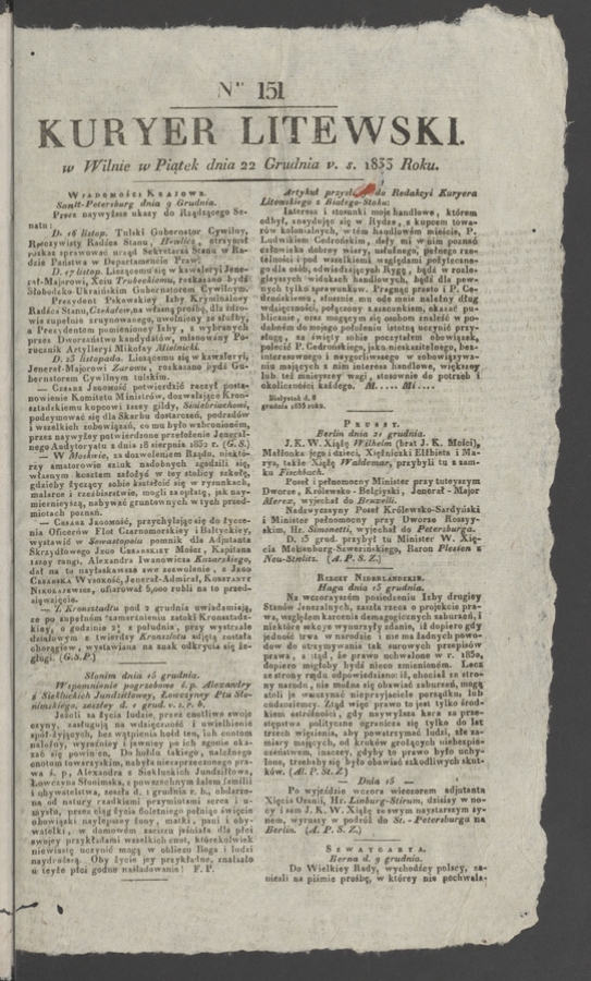 Kuryer Litewski. 1833, numer 151