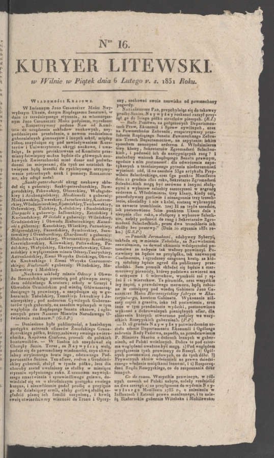 Kuryer Litewski. 1831, numer 16
