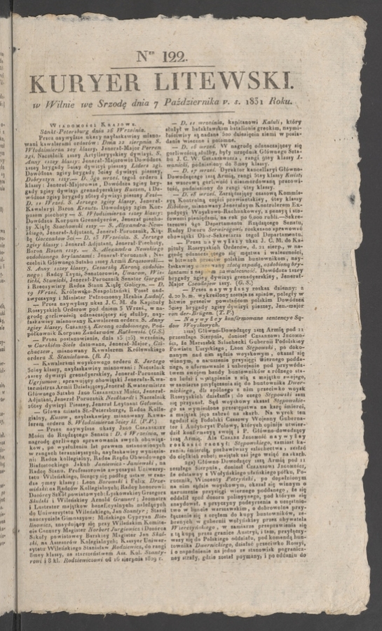 Kuryer Litewski. 1831, numer 122