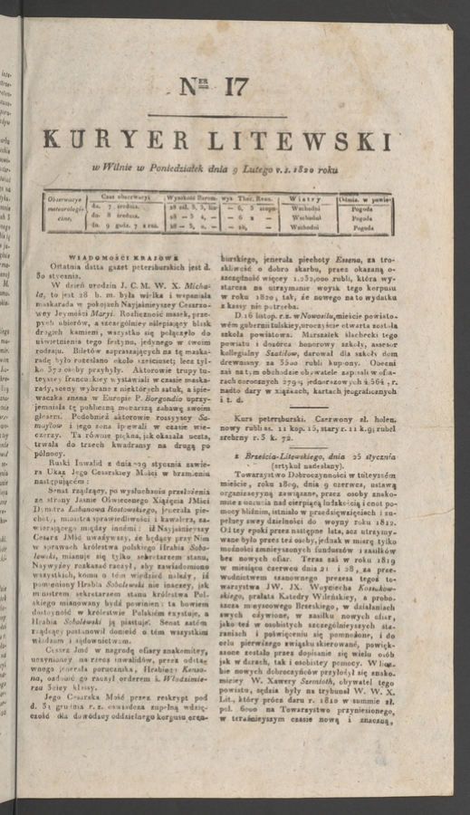 Kuryer Litewski. 1820, numer 17