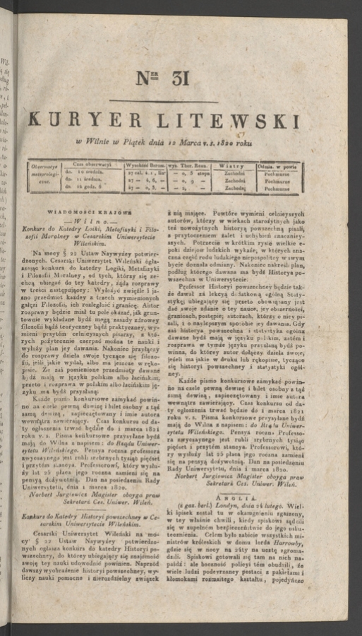 Kuryer Litewski. 1820, numer 31