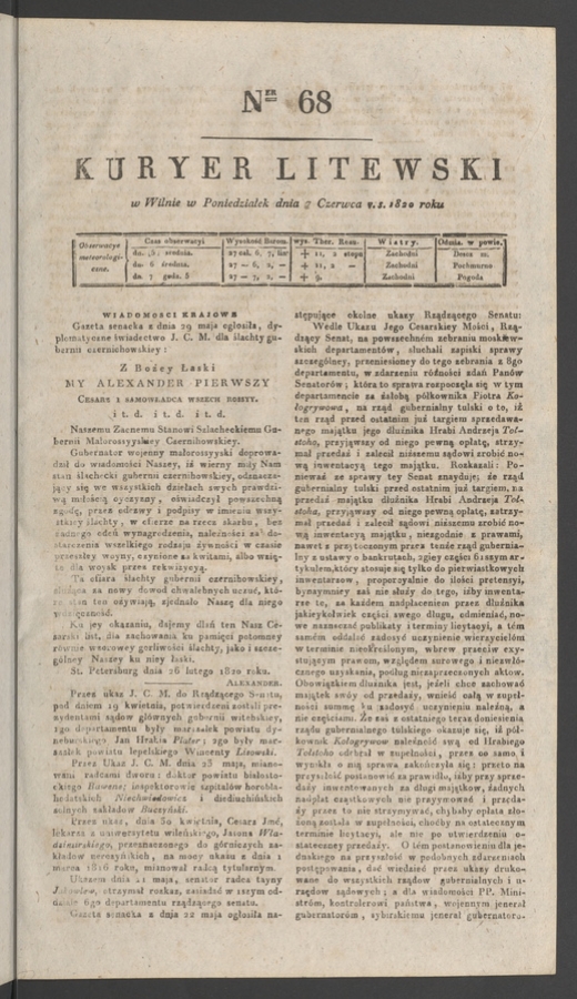 Kuryer Litewski. 1820, numer 68