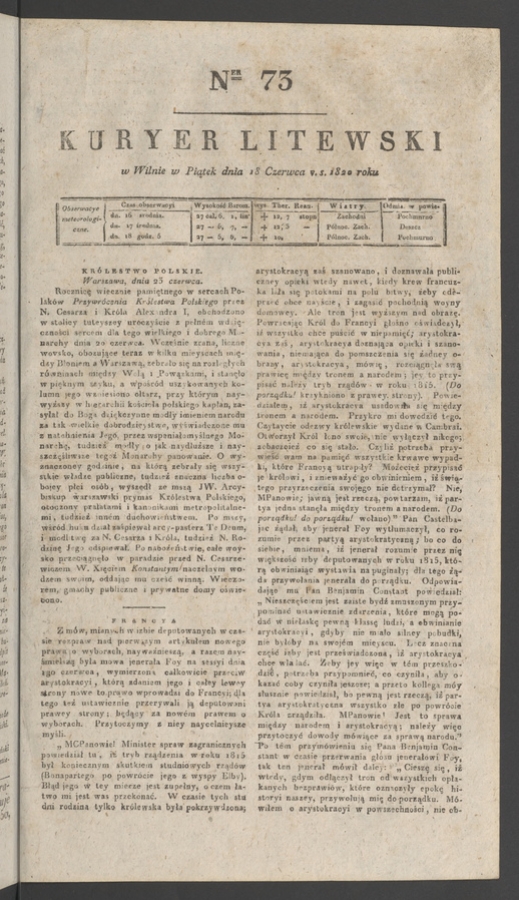Kuryer Litewski. 1820, numer 73