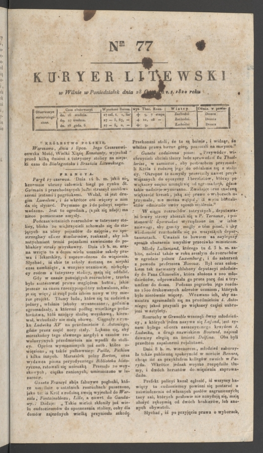Kuryer Litewski. 1820, numer 77