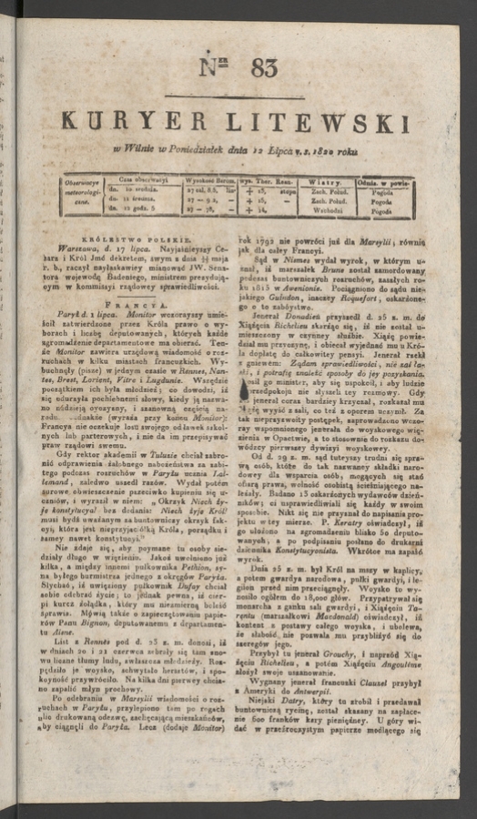 Kuryer Litewski. 1820, numer 83